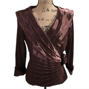 CACHET gorgeous Surplice Pleated Ruched Satin CHoColate Rosette Party blouse 8